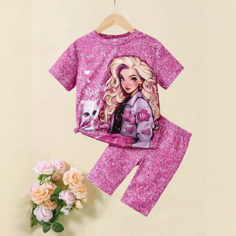 DISNEY Frozen Elsa princess kids designer clothes baby designer clothes Summer girls' short-sleeved shorts set.