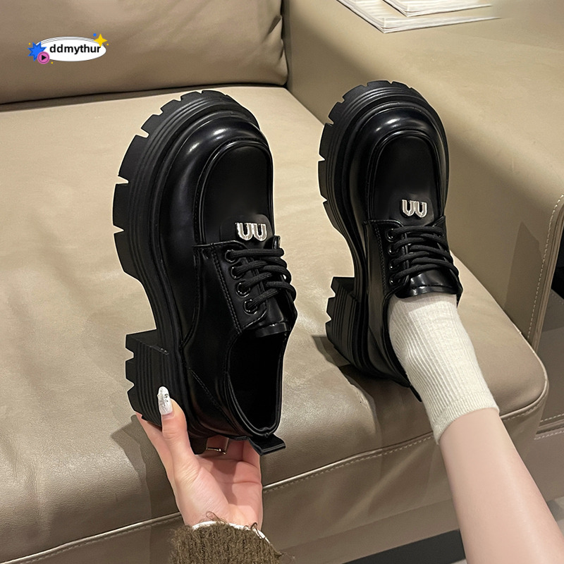 British small leather shoes for women 2025 new style spring and autumn versatile sole height increasing loafers thick heel lace up uniform single shoe