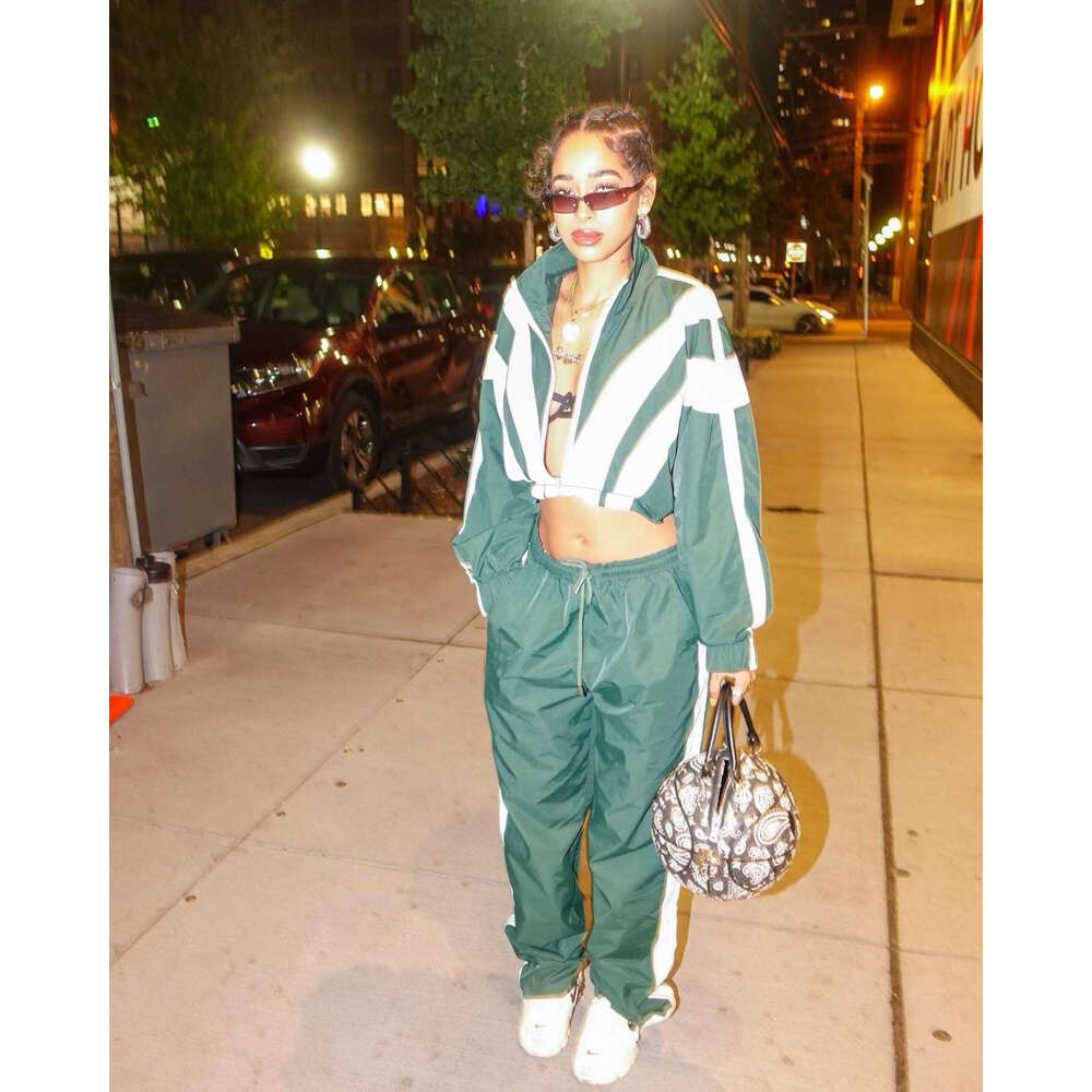 Women's Personalized Street Color Contrasting Jacket Drawstring Top Zipper Casual Pants Woven Two-Piece Set B5
