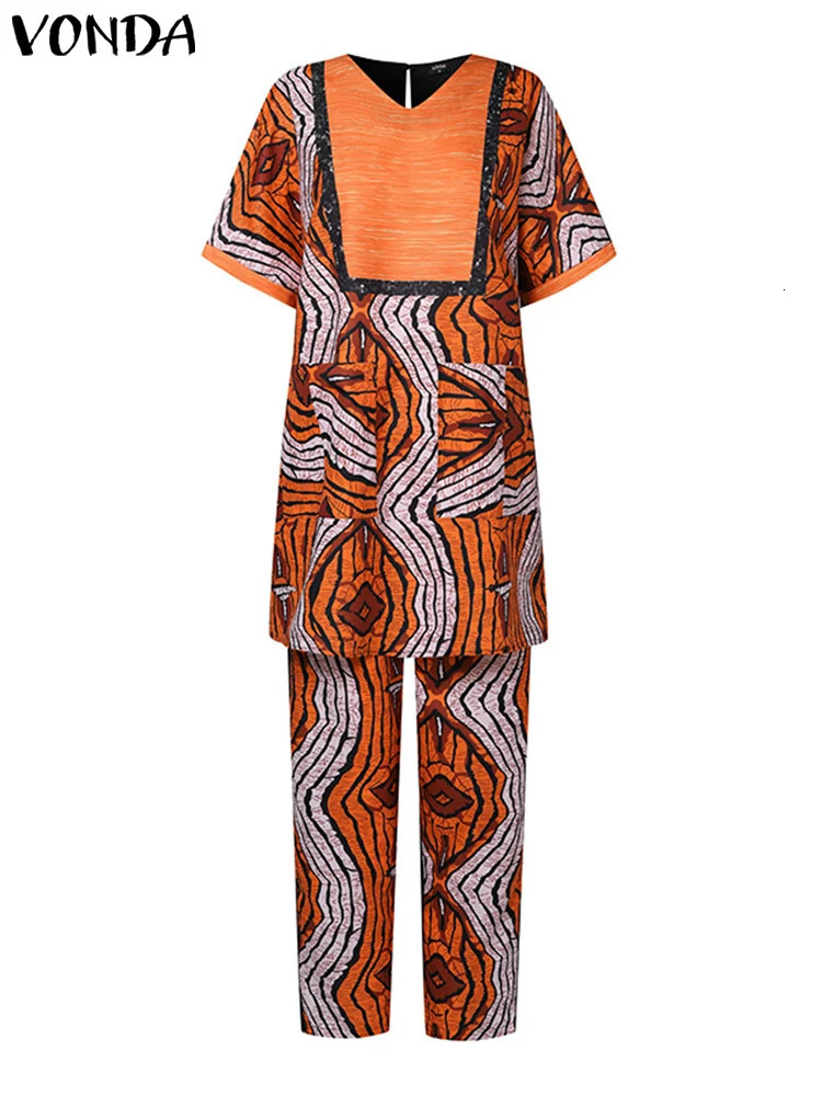 Size 5XL Womens Summer Printed Casual Pants Set VONDA 2024 Retro Short Sleeve Top Loose Two Piece 250427