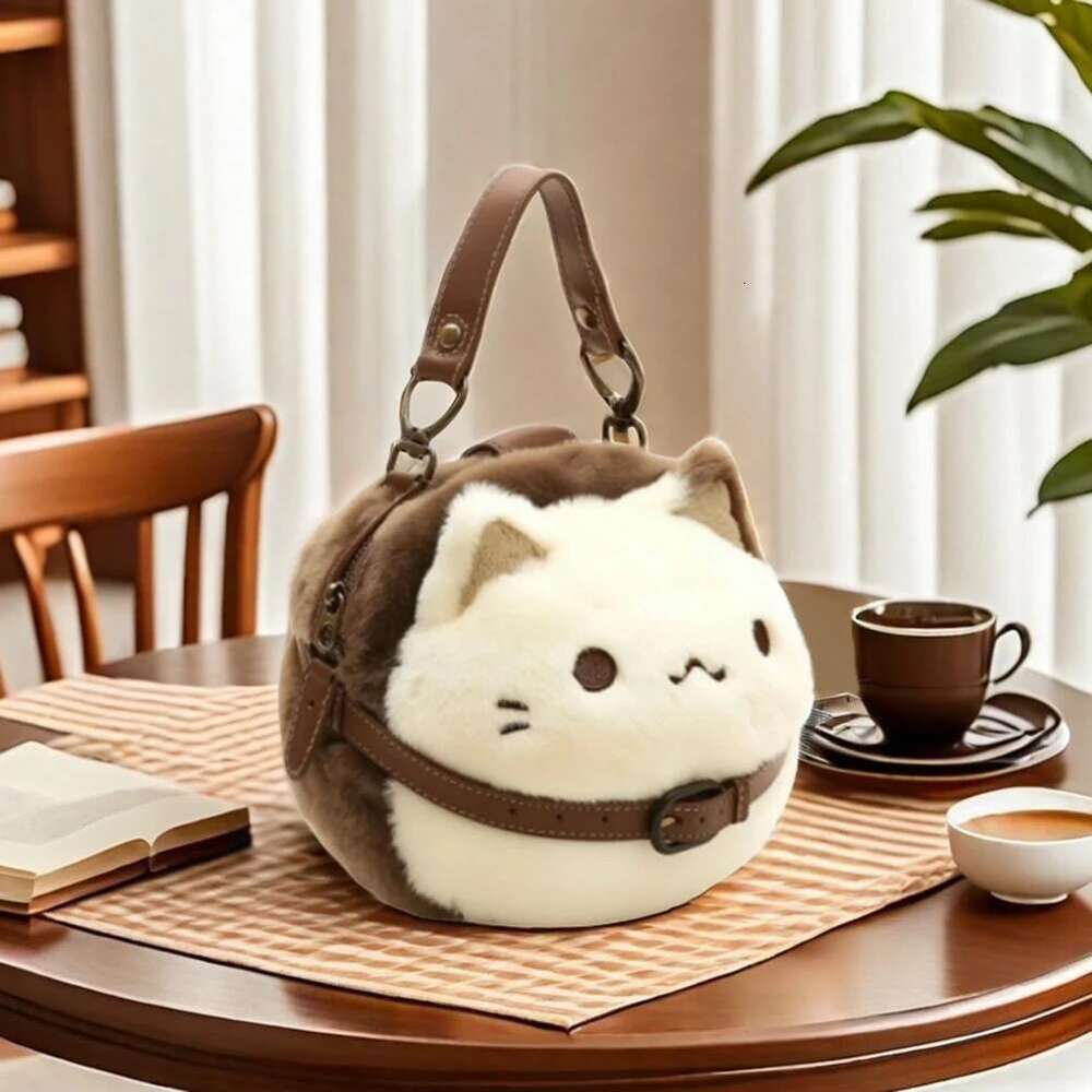 Cute Plush Cat Handbag Adorable Stuffed Animal Hand-Made Backpack Large Capacity Shoulder Bag Cartoon Daypack For Kids Girls