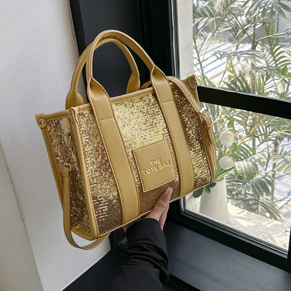 New The Tote Bag Letter Printed Sequins Top-Handle Bag Women Leather Handbag Luxury Designer Glitter Shoulder Crossbody BagXJ250513