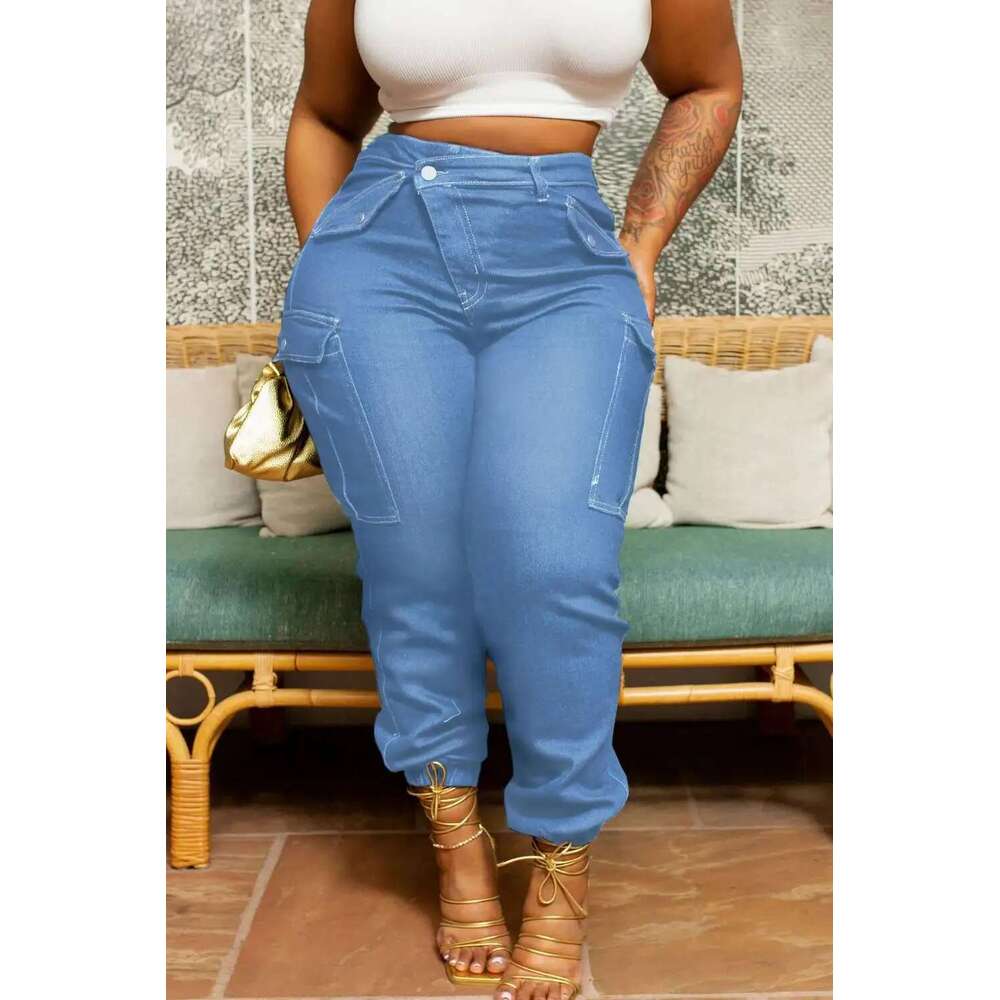Plus Size Blue All Season Everyday High Waist Warm Skinny Women's Stretch Button Pencil Pants Mom Casual Pocket Work Jeans