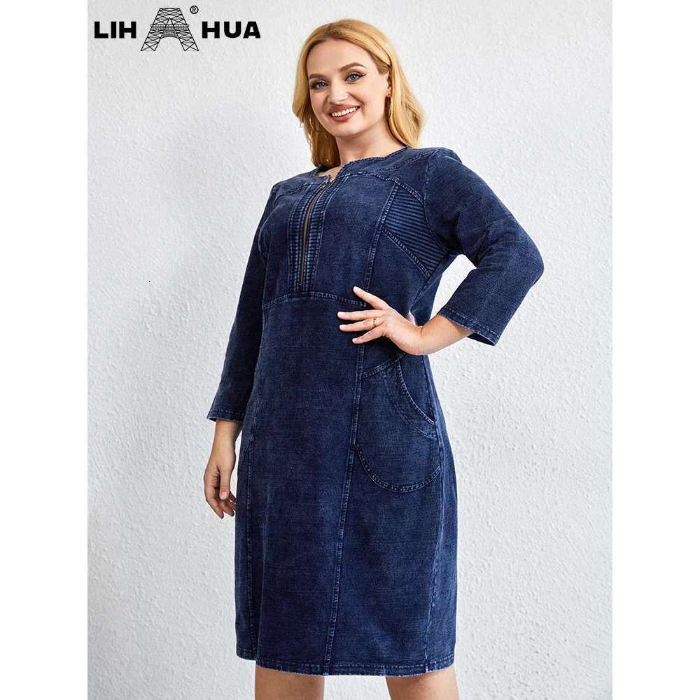 LIH HUA Women's Plus Size Denim Autumn Chic Elegant Dresses For Chubby Women Cotton Knitted Dress
