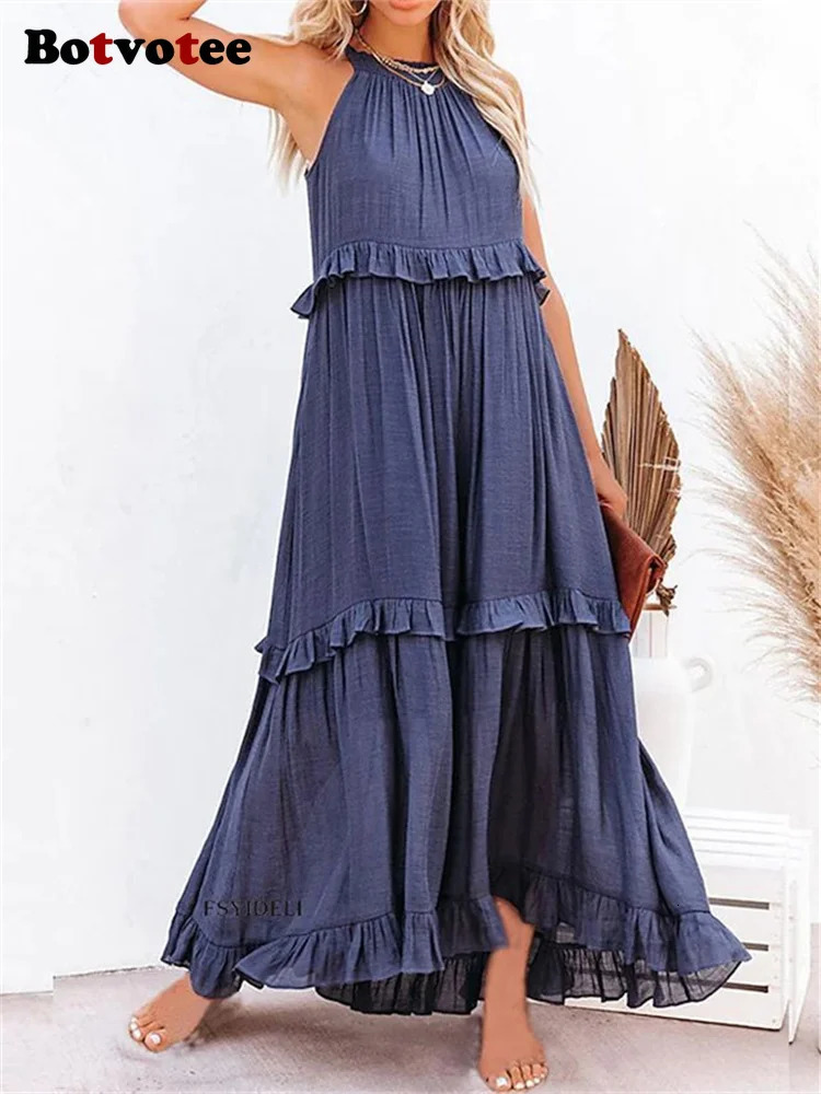 Botvotee Summer Maxi Ruffle Dresses for Women Elegant Female Holidays Beach Long Dress Party Sleeveless Loose White Purple 250513