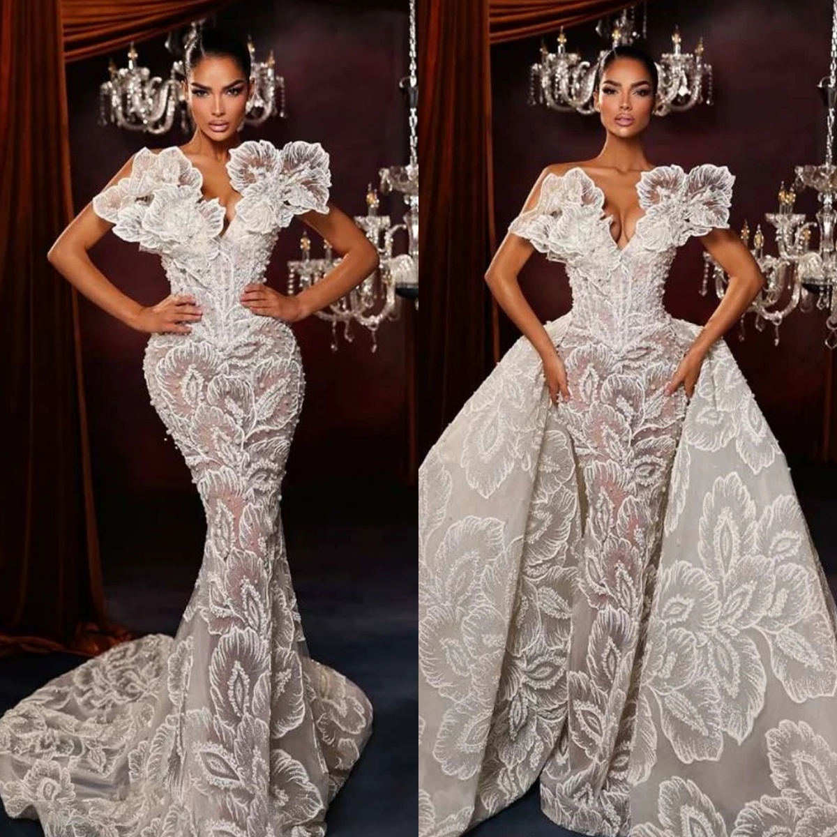Graceful Wedding Dress Strapless Lace Pearls Mermaid Bridal Gowns Detachable Train Sleeveless Applique Illusion Bride Dresses Customized Vestido de no