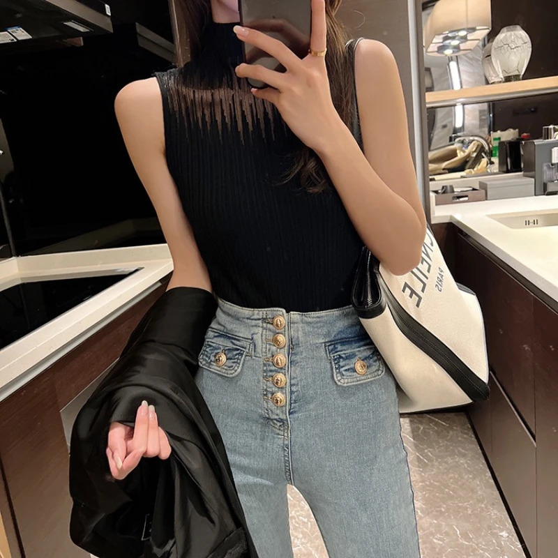Half Neck Vest Female Sleeveless Sweater Chic Cut Out Streetwear Solid Skinny Tube Top Mesh Knitted Women Y2K Tank 250513
