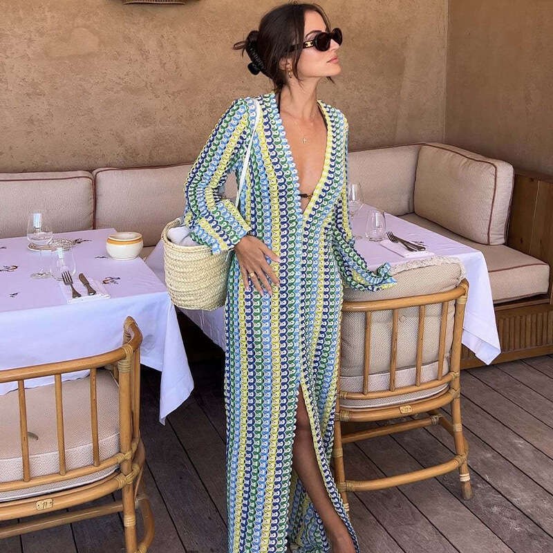 Women Clothes Dress Vacation Style Lace Beach With V Neck Hollowed Out Slit One Piece Design And A Sense Of Dress KQ