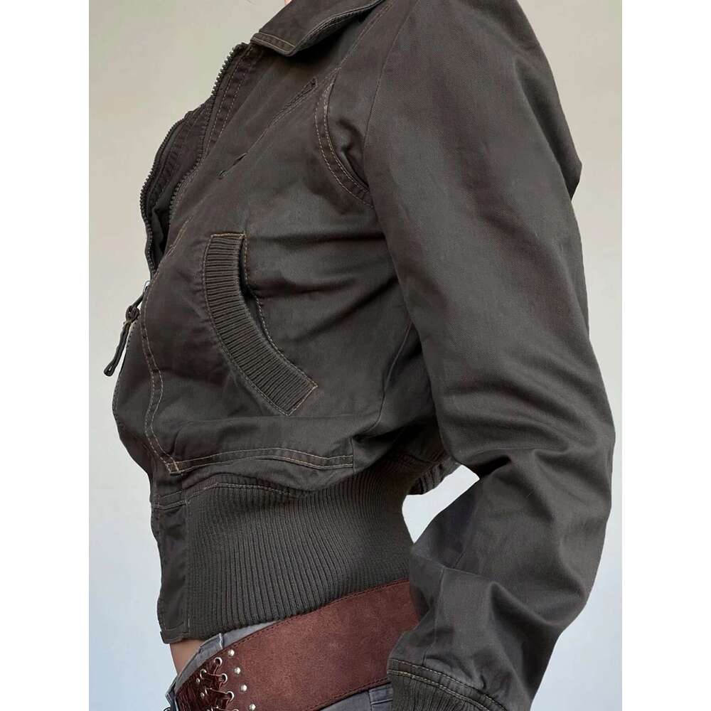 Rockmore Vintage Cropped Jackets for Women Haruku Slim Fit Lapel Zipper Coat Y2K Streetwear Long Sleeve Autumn Outerwear New