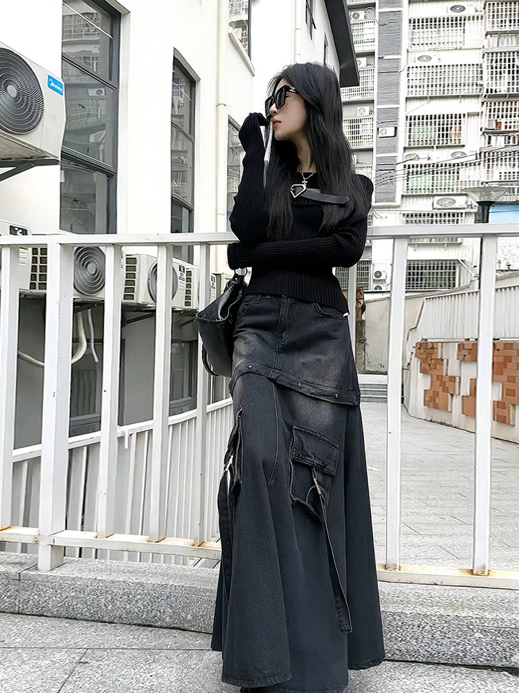 High Quality Black Denim Skirt Thin Office Lady Vintage Fashion Pockets Autumn Winter Waist ALine n Gothic 250513