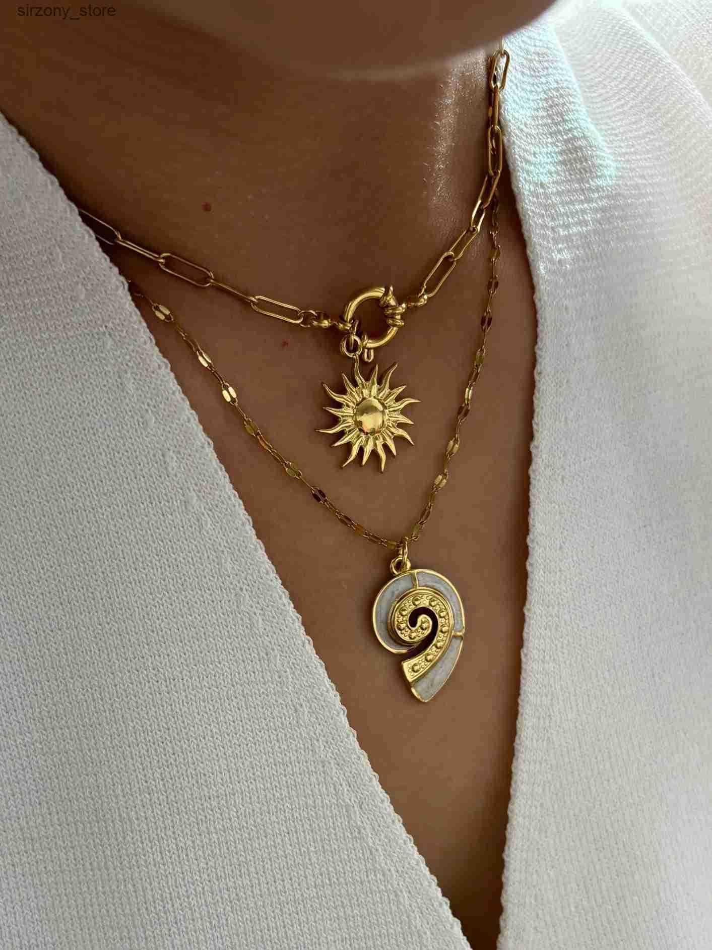 Perisbox Stainless Steel Sun Flower White Enamel Conch Pendant Necklace Stackable High Quality Fashion Party Jewelry for Women z250513IXS0