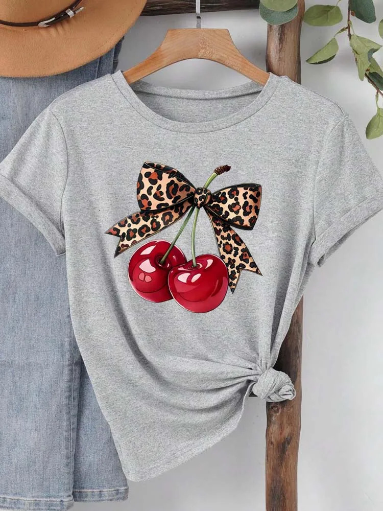 Fashion Cherry Print Women TShirt Short Sleeve Crew Neck Casual Tops for Summer Spring Womens Clothing Tees 250513