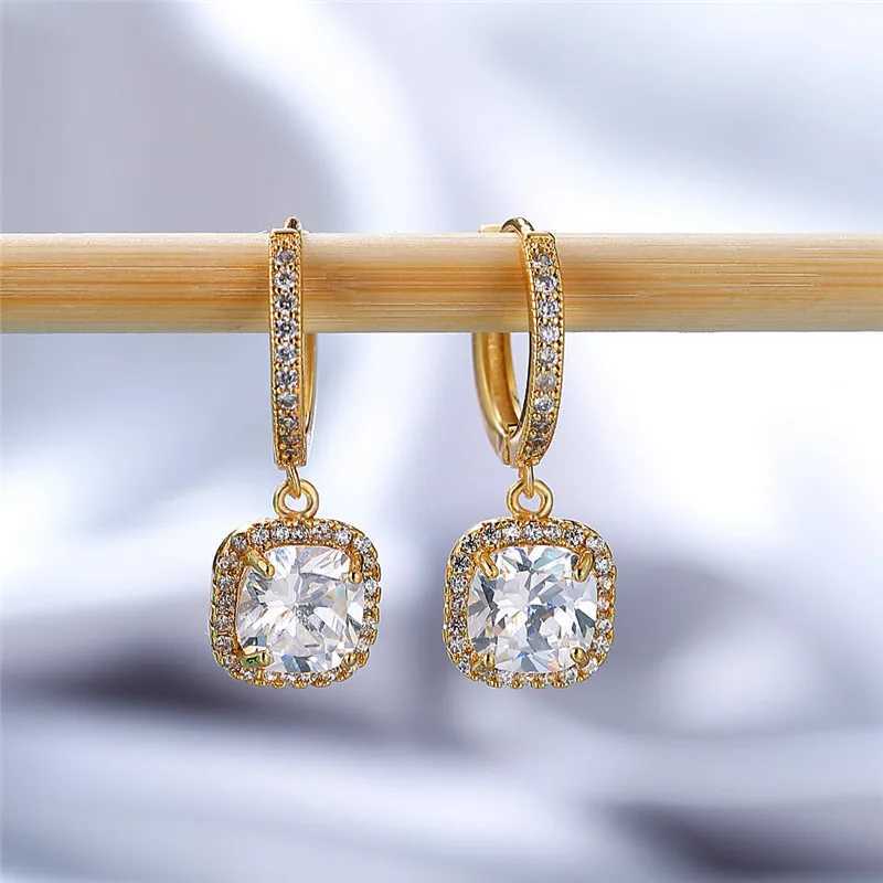 Dainty Female Rainbow Crystal Drop Earrings Rose Gold Silver Color Hoop Earrings Charm Bridal Square Wedding Earrings For Women Y250510