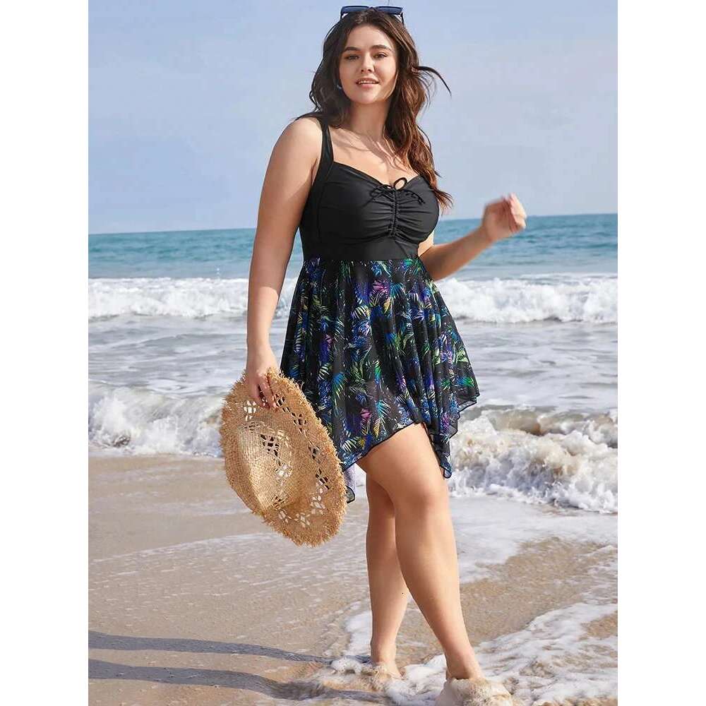 Womens Plus Size One Piece Swimsuit Tummy Control Swimdress Skirtini Cover Up Swimwear Bathing Suits Printed Elegant Beach Dress