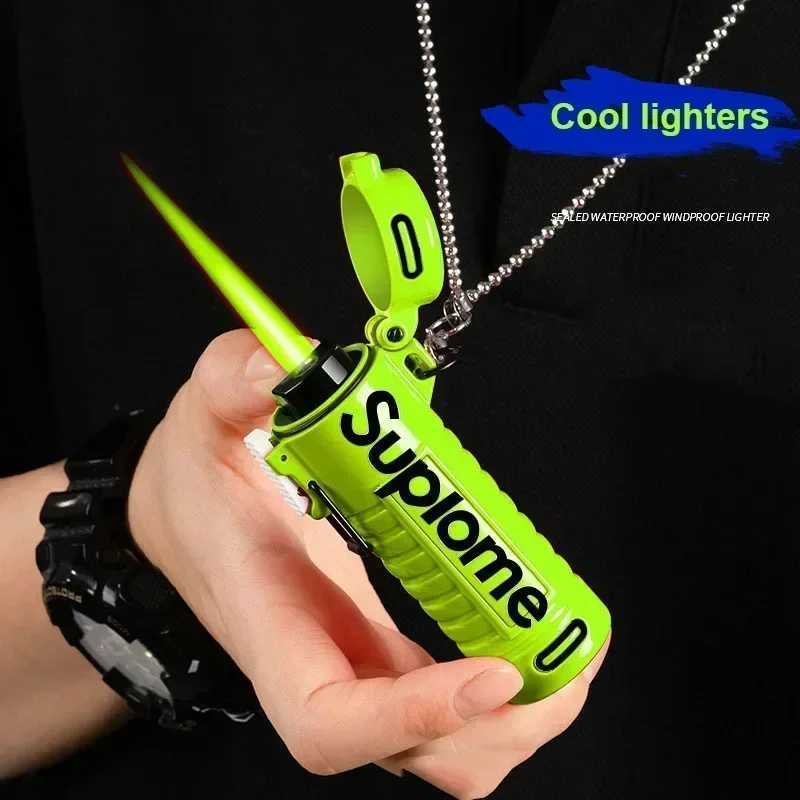 New Outdoor Windproof Pendant Inflatable Lighter Fashionable Letter Jet Green Flame Strong Firepower Portable Lighter Mens Gift Y250513