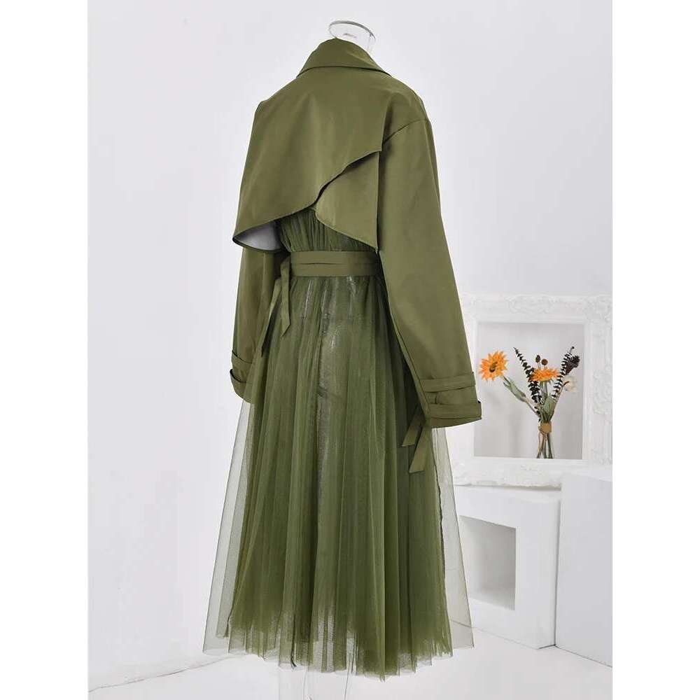 LANMREM Vintage Gauze Patchwork Windbreaker Women Lapel Double Belt Gathered Waist Trench Fashion New Clothing 2R1801