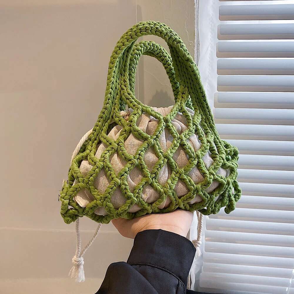 Cotton Thread Purse Handbag Fashion Knitting Braided Crochet Net Bag Personality Woven Colorful for Women Girls Casual Summer