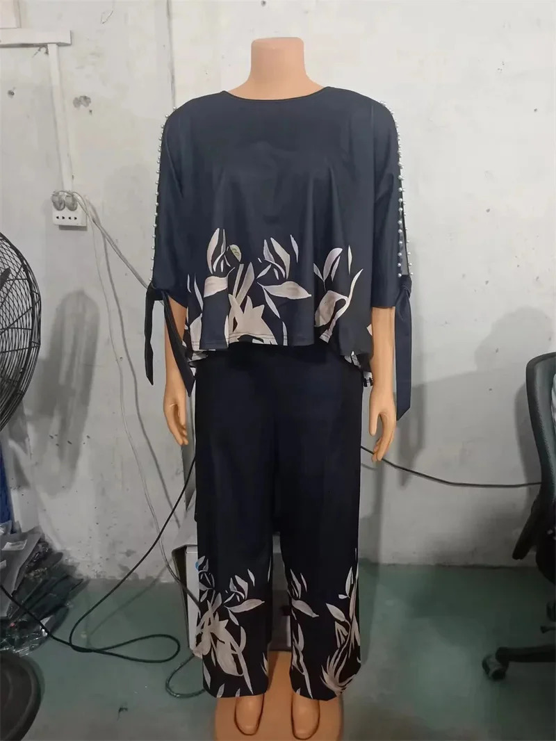 Plus size twopiece womens summer fashion plant print split sleeve Oneck straight leg pants set streetwear 250427
