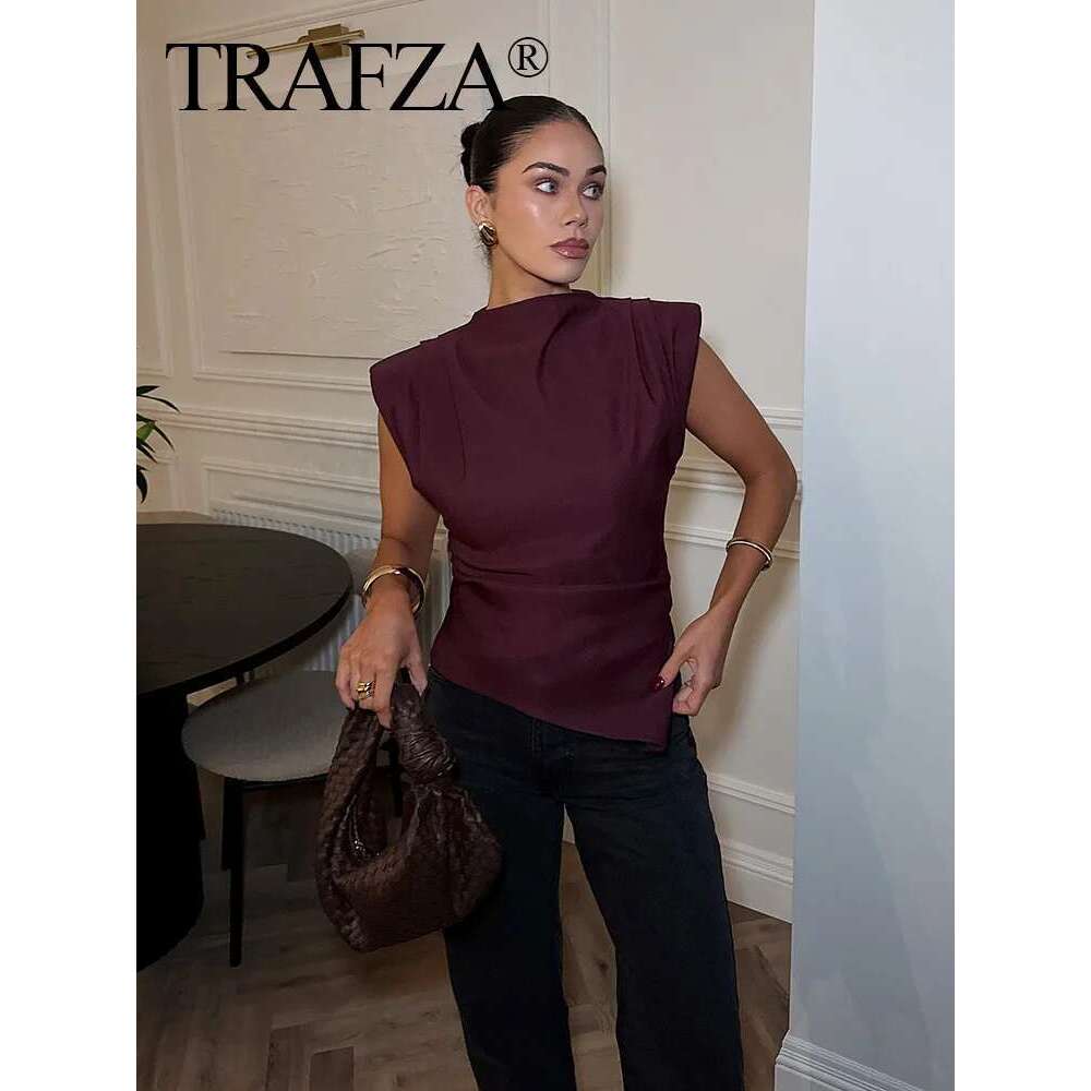 TRAFZA 2025 Female Fashion Asymmetrical Camis Solid Brown O-Neck Sleeveless Summer Holiday Casual Tank Tops Woman Street Trendy