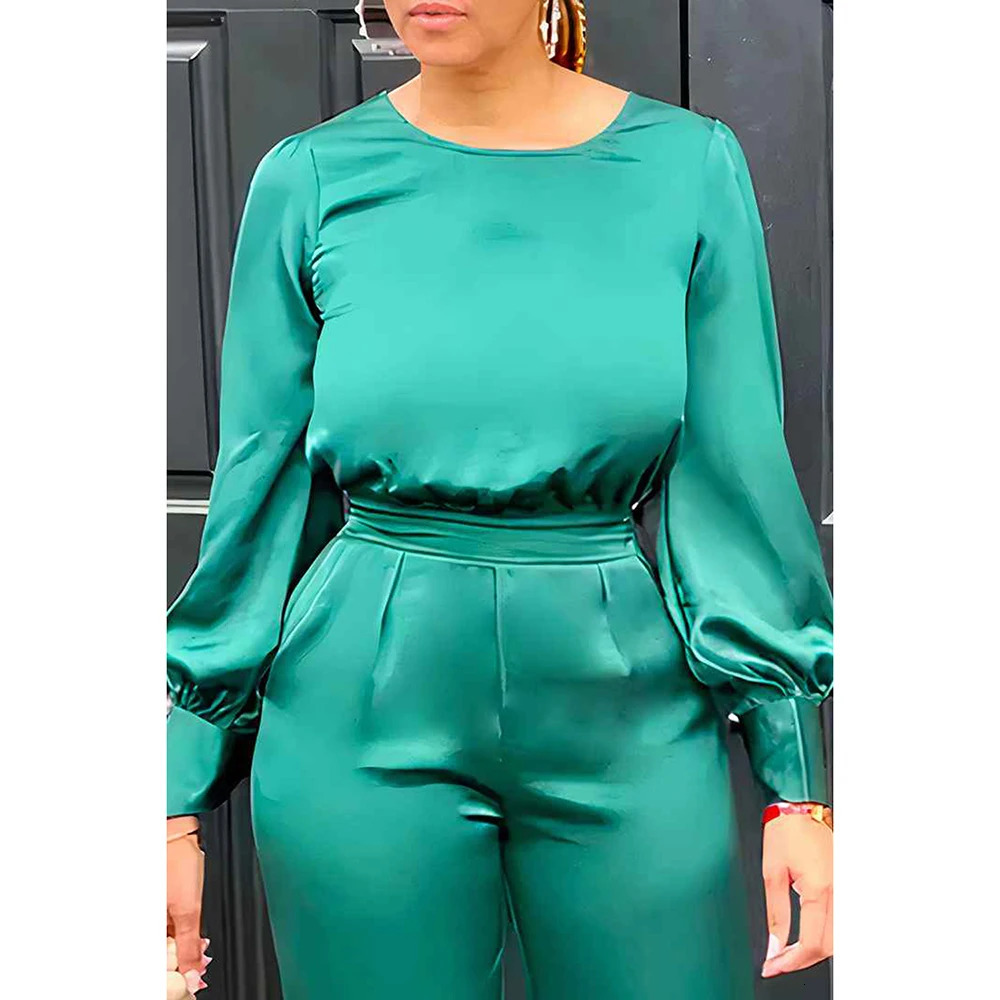 Large Business Casual Green Satin Pants Set Round Neck Lantern Sleeve Wide Leg Two Piece 250506