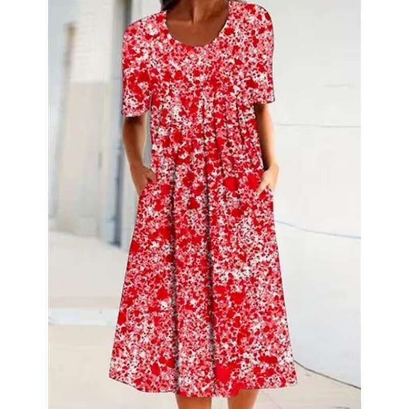 Women Clothes Dress Spring Summer Flower Printed Round Neck Pocket Mid Length Dress For Women KQ