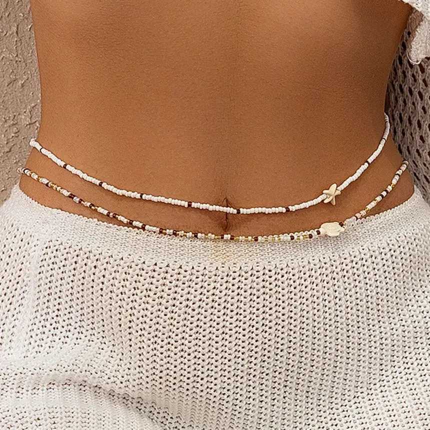 KunJoe 2Pcs Bohemian Turtle Sea Star Waist Chain Set for Women Summer Bikini Small Seed Beads Belly Chain Beach Body JewelryT250513