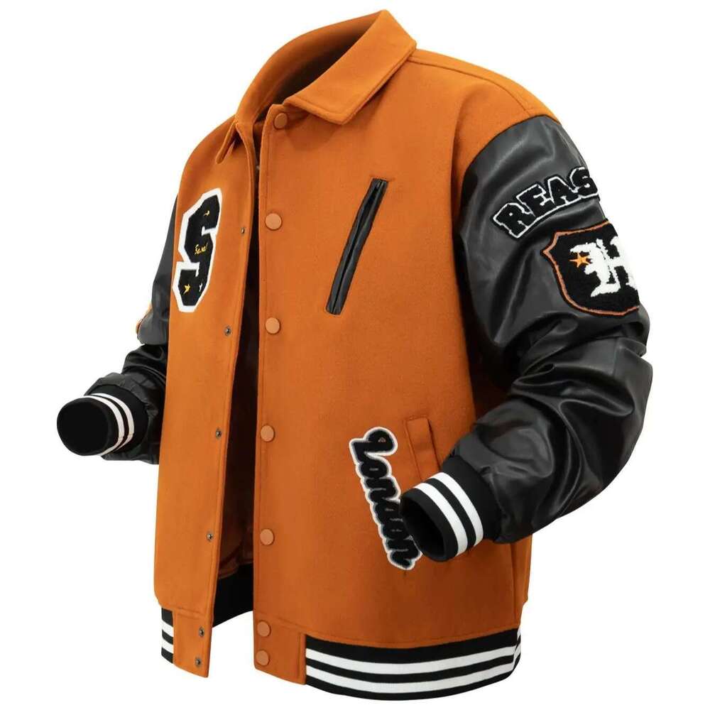 Mens Vintage Turn-down Collar Bomber Jacket Loose Letter Embroidery Coat Fall& Winter Leather Patchwork Varsity Baseball Jackets