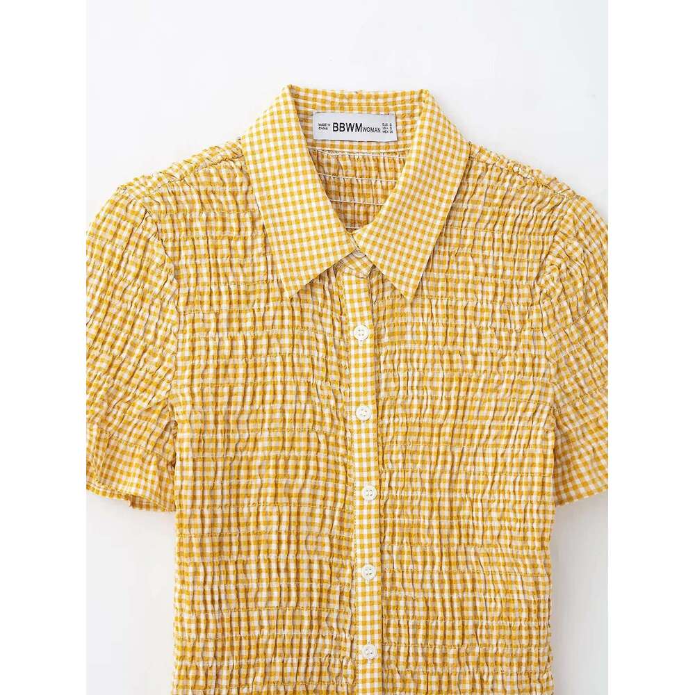 DEEABAE World Brands Dresses 2025 New Yellow French Ruffle Plaid Shirt Slim Pleated Decoration Short Dress