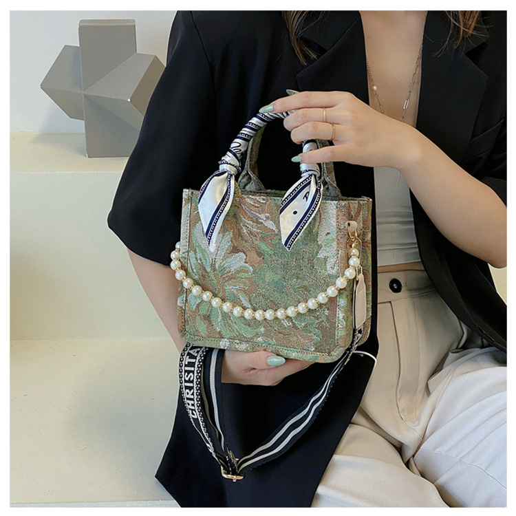 Designer Trendy Pearl Emed Tote Handbag Large Capacity Shoulder Bag Women S With French Floral Print Free Shipping Free shipping