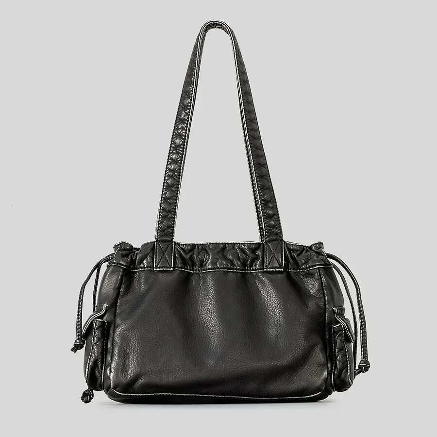Punk Multiple Pockets Motorcycle Bag Retro Drawsting Women Shoulder Bags Soft Pu Leather Handbags Large Tote Shopper Purses Y2k
