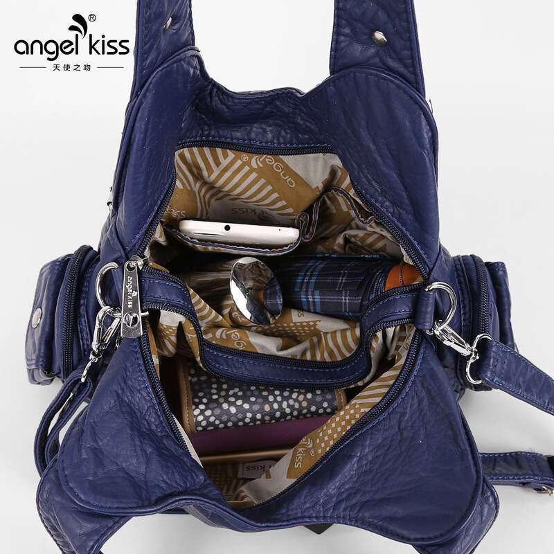 casual versatile fashion womens bag multipocket rivet decoration shoulder bag highend soft leather large capacity handbag