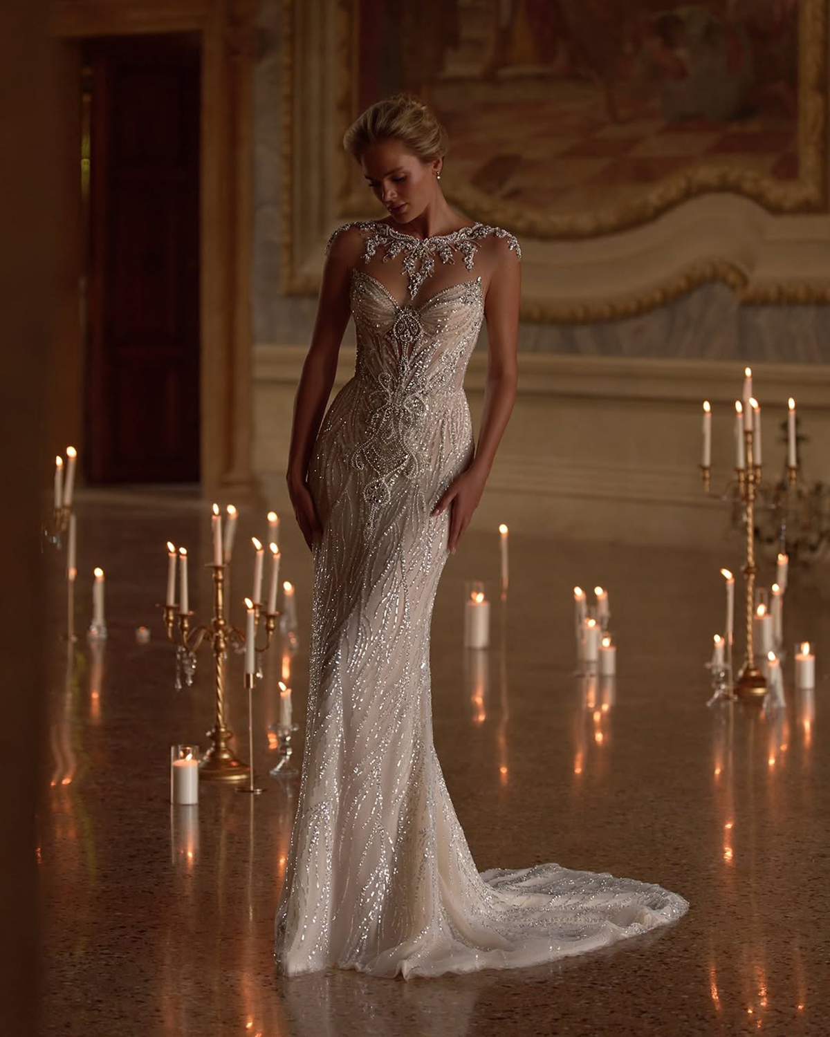Fancy Wedding Dress Crystal Lace Mermaid Bridal Gowns with Cape Sequins Pearls Beading Illusion Bride Dresses Customized Vestido de novia