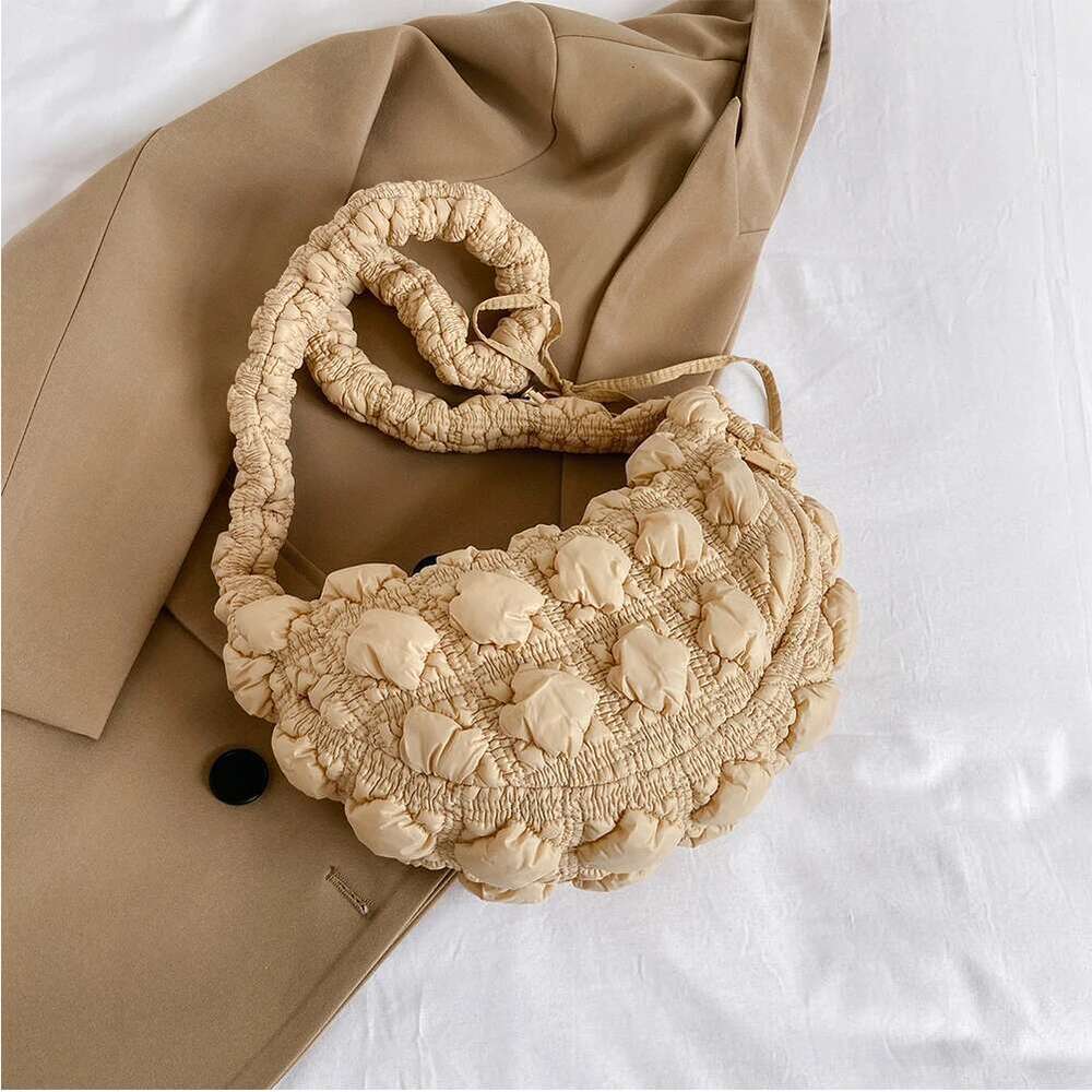 Women Cloud Pleatd Nylon Quilted Crossbody Bag Zipper Solid Color Drawstring Strap Adjustable Female Casual Handbag