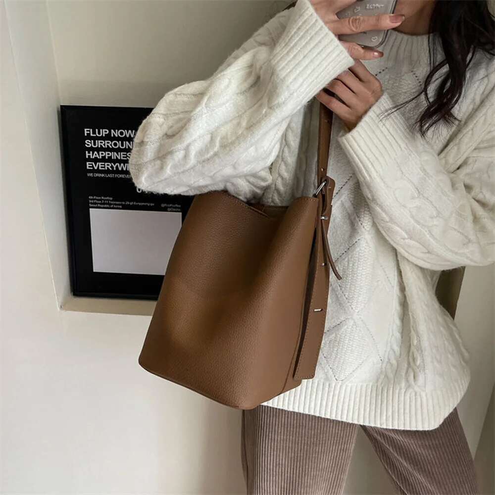 2Pcs/Set Classic Bucket PU Leather Women's Handbag Designer Grocery Bag Female Shoulder Messengerbag Purse Bolsas