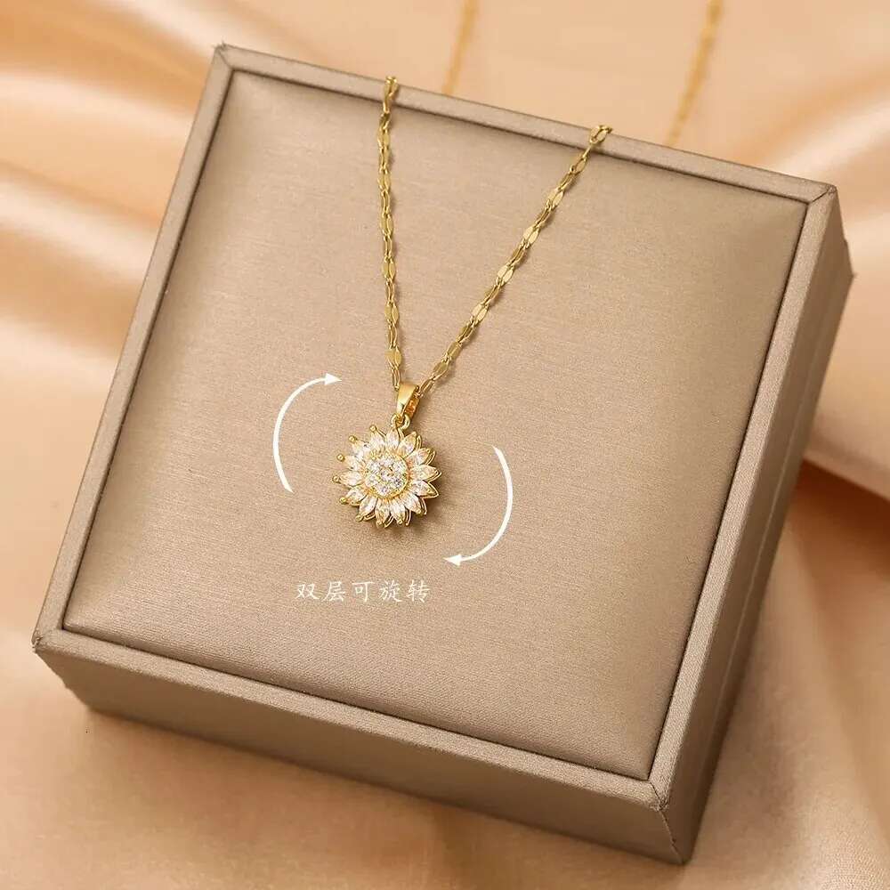 Trendy Rotation Spin Suower Stainless Steel Zircon Necklaces For Women Metal Crystal Necklace Party Birthday Gifts Jewelry