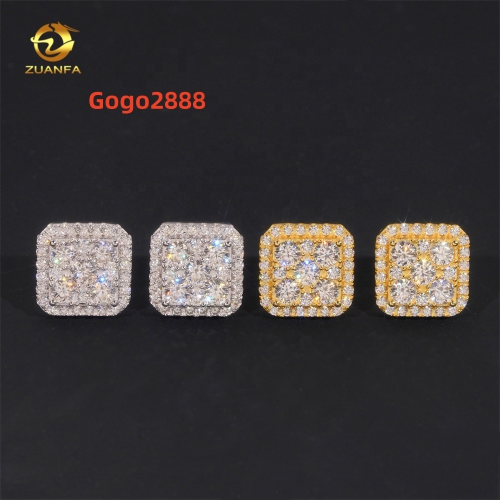 Hip Hop Luxury High Quality VVS Diamond Square Iced Out Mens 925 Silver Moissanite Earrings