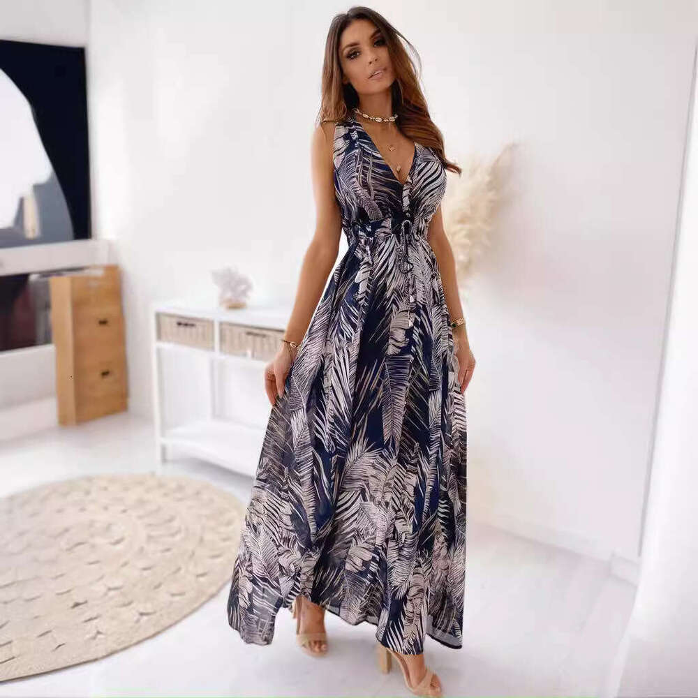 Women Clothes Dress Summer New Print Open Back Strap Dress KQ