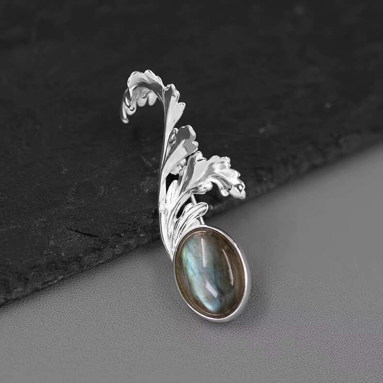 Handmade 925 Silver Vintage Labradorite Party Flower Leaf Vine Brooch Fine Jewelry