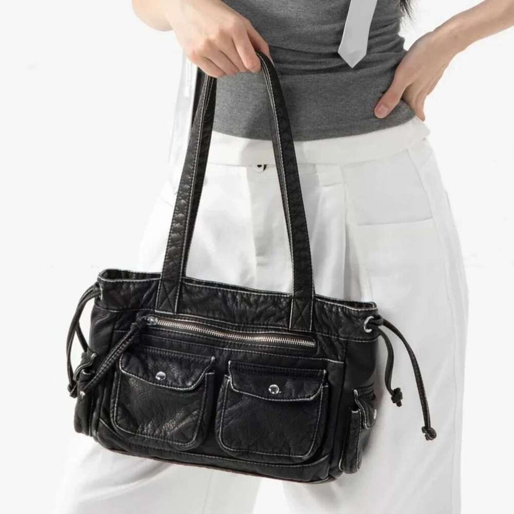 Punk Multiple Pockets Motorcycle Bag Retro Drawsting Women Shoulder Bags Soft Pu Leather Handbags Large Tote Shopper Purses Y2k