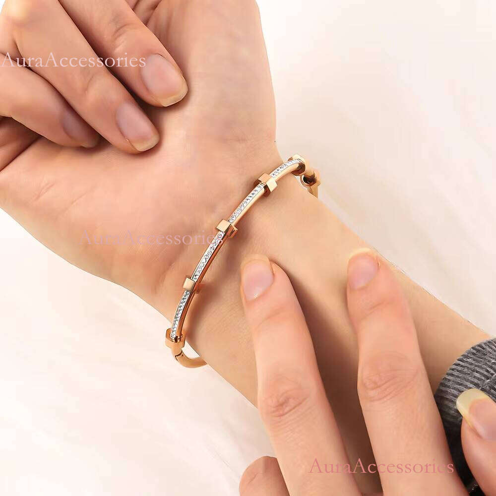 Geometric Crystal Double Layer Open Bracelet for Women Stainless Steel Cuff Bangles Fashion Party Jewelry Gift