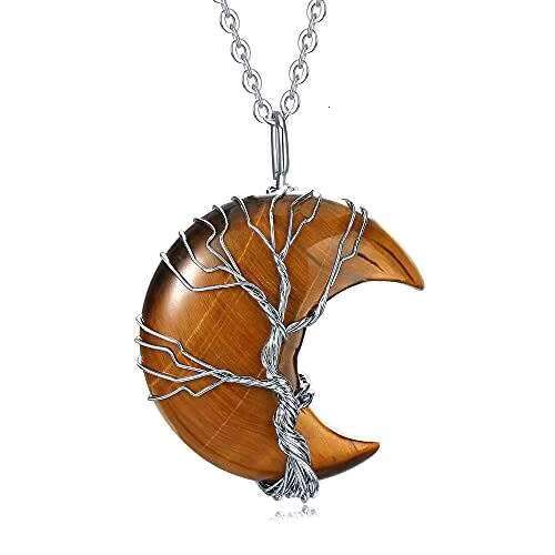 Life Tree Crescent with Metal Wire Wrapped Crystal Stone Pendant Natural Amethyst Quartz Necklace