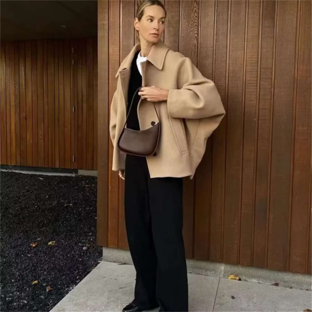 UNIZERA Autumn/Winter New Product Women's Fashion Casual Loose Lapel Bat Sleeves Woolen Cloak Coat