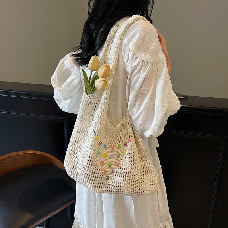 Beach commuting one shoulder tote vacation woven summer colorful pearl hollow out large capacity armpit bag, women's