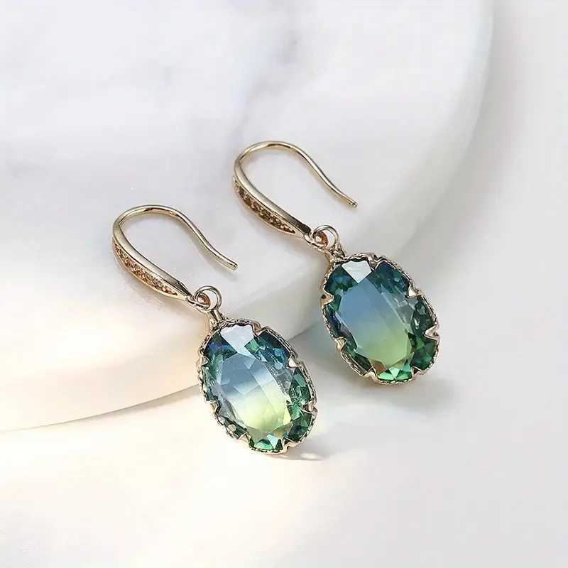 Exquisite Oval Inlaid with Blue Green Zircon Earrings Elegant Fashion Gold Color Engagement Wedding Dangle Earrings for Women Y250510