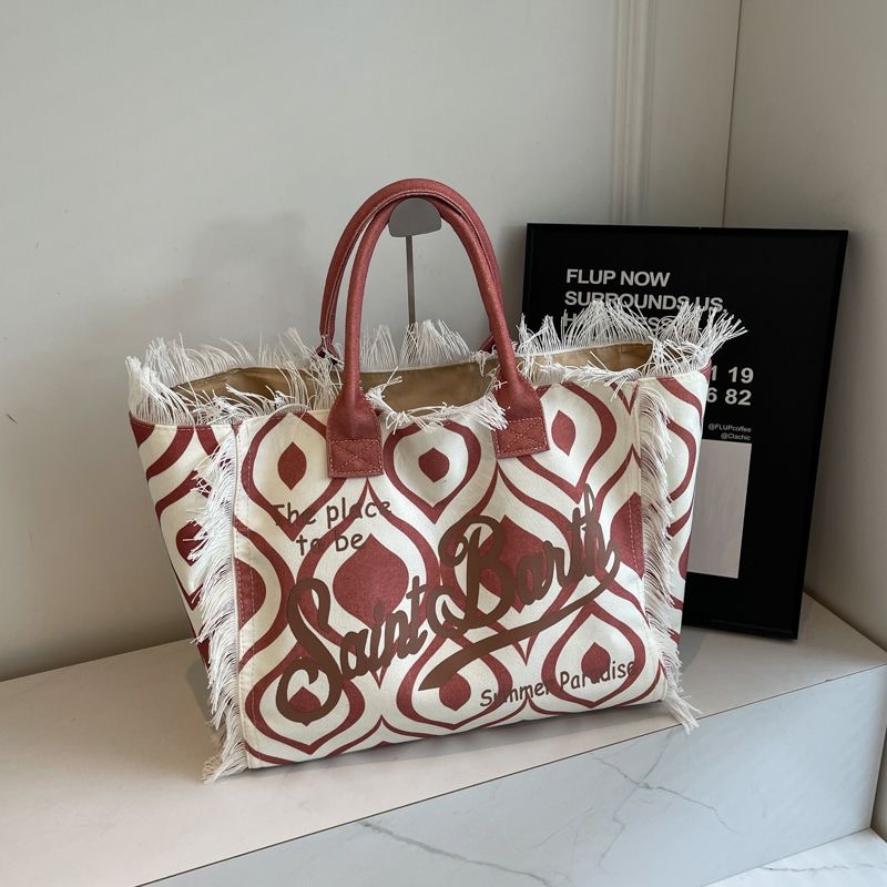 Saint Bart's New Women's Large Capacity Leisure Tourism Canvas Stripe Handmade Tassel Handbag Tote Bag size