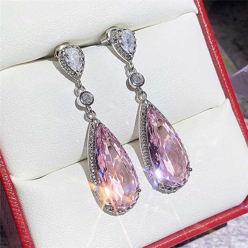Huitan Luxury Big Water Drop Pink CZ Dangle Earrings for Women Novel Design Engagement Wedding Accessories Party Fashion Jewelry Y250510