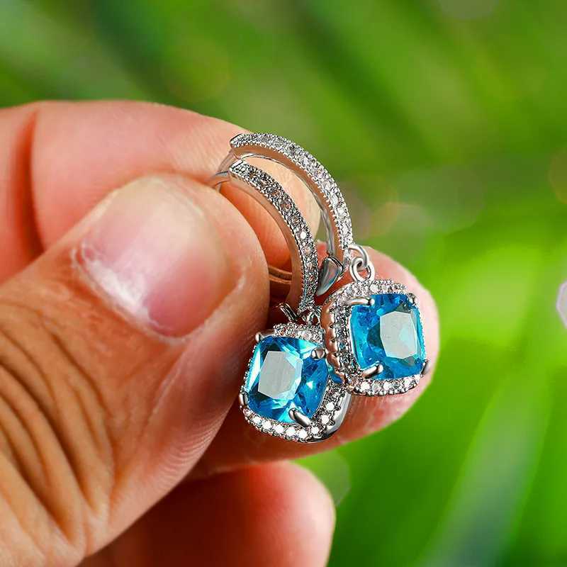 Vintage Female Blue Crystal Stone Classic Silver Color Hoop Earrings Dainty Bridal Square Wedding Jewelry For Women Y250510