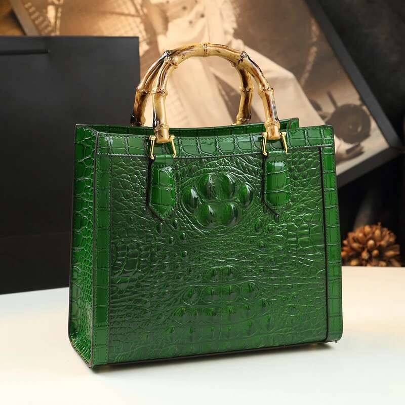 Crocodile Pattern Leather Women's Handbags Bamboo Handle Portable Tote Bag Mom Tide Shoulder Messenger Bags 2025 New Fashion