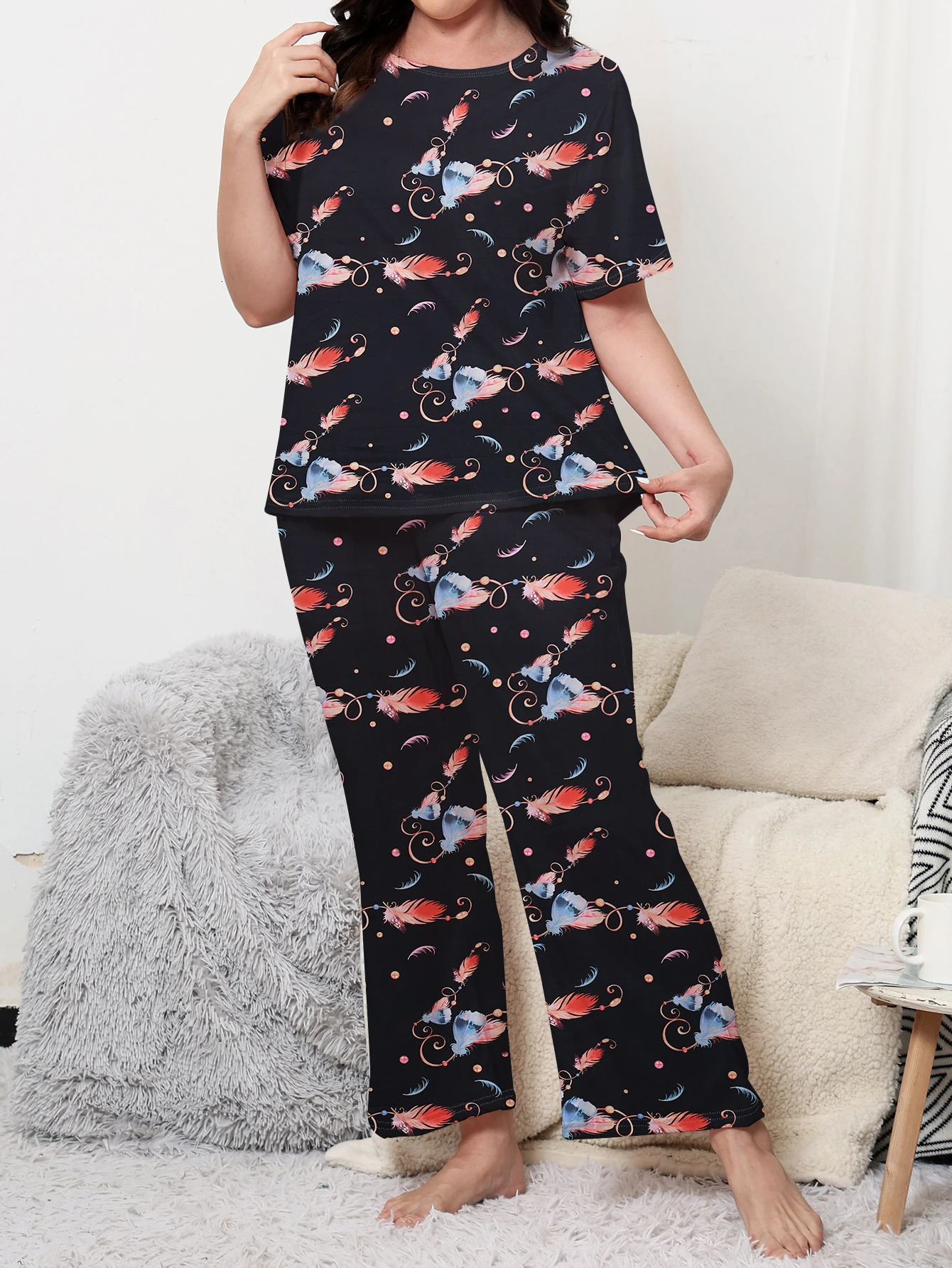 Plus pajama set short sleeved pants comfortable and loose fitting The clothes at home can be worn very large 250427