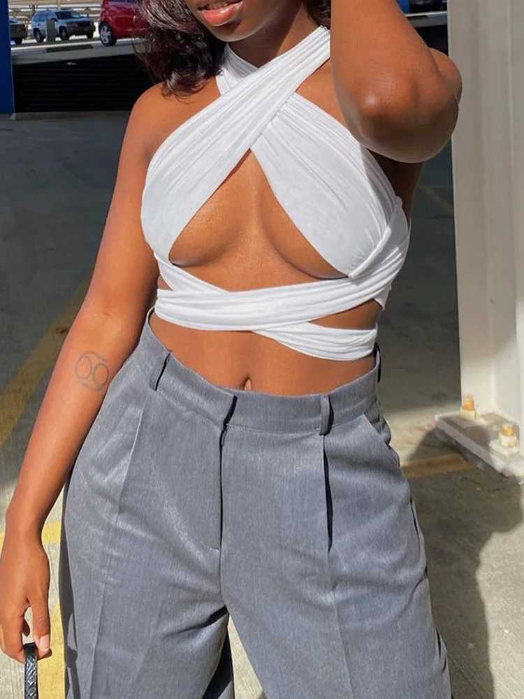 Women Strappy Cross Over Front Cut Out Halter Neck Sleeveless Backless Wrap Crop Top Bandage Vest Summer Sexy Tops Woman Clothes M250513